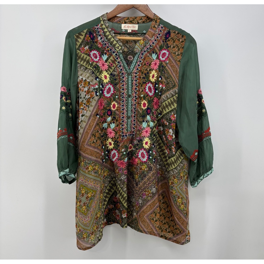 All About Her Tunic Women's L Green Embroidered Floral Mixed Print Boho